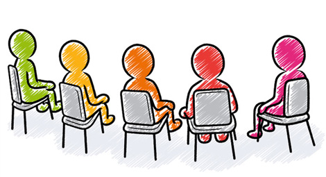 Line drawn cartoon people sat in a semi circle on chairs