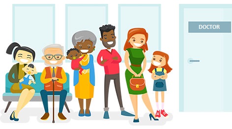 Cartoon people waiting outside a door that says Doctor